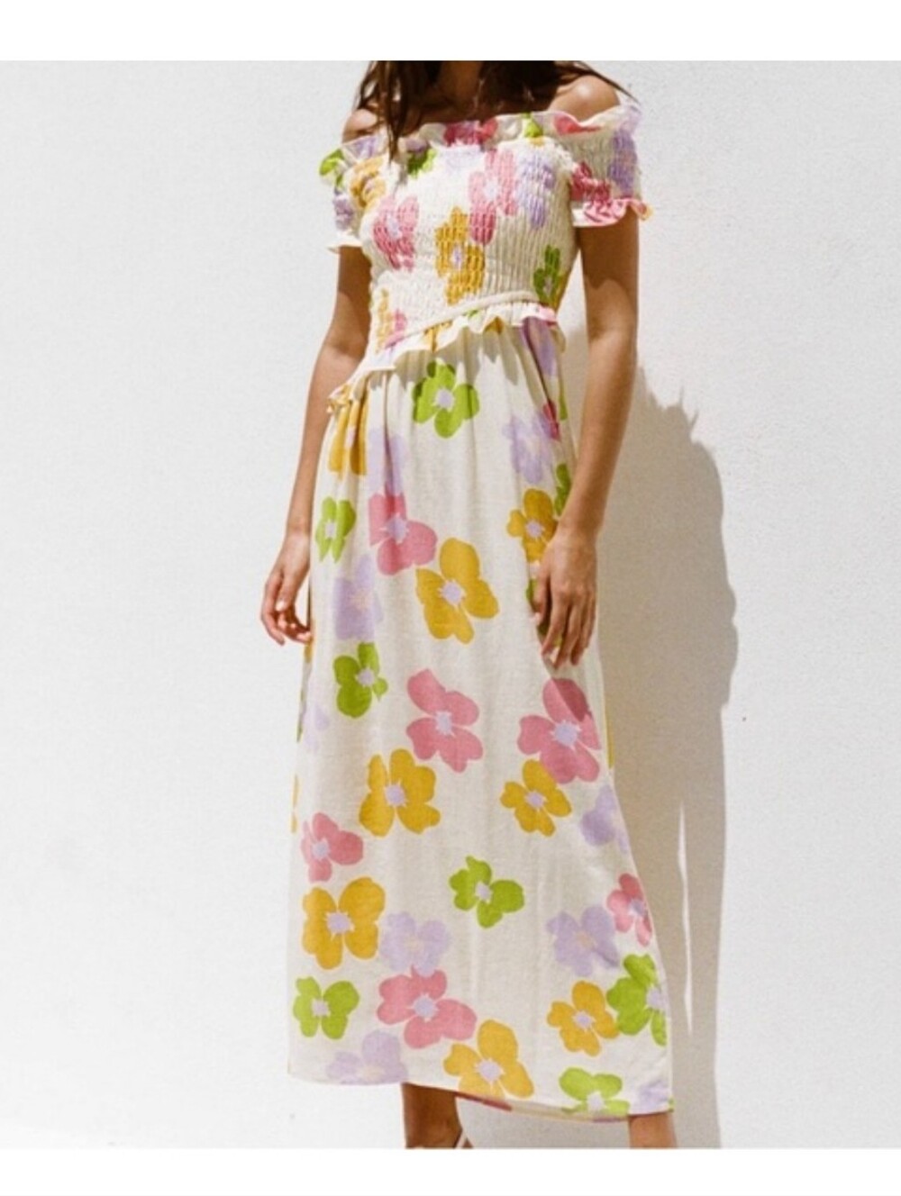 NWT Sabo Skirt Mireya Off-Shoulder Midi Dress with Pastel Floral Print